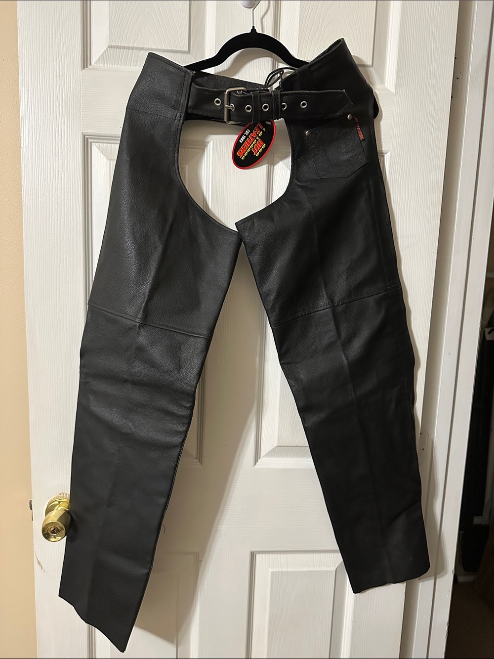 Women's Black Leather Motorcycle Chaps with Adjustable Waist Belt